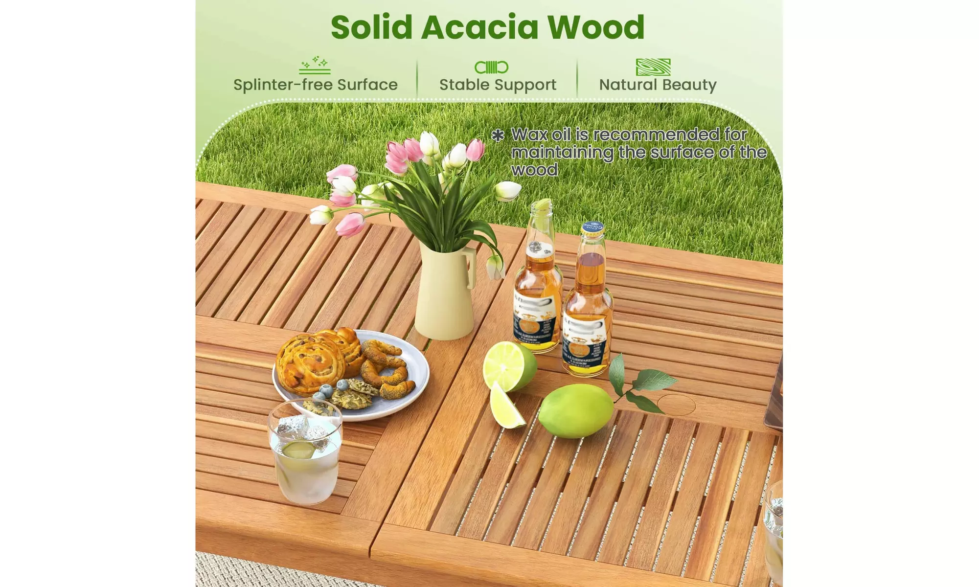 Costway 6/8-Person Outdoor Acacia Wood Dining Table with 1.96" Umbrella Hole