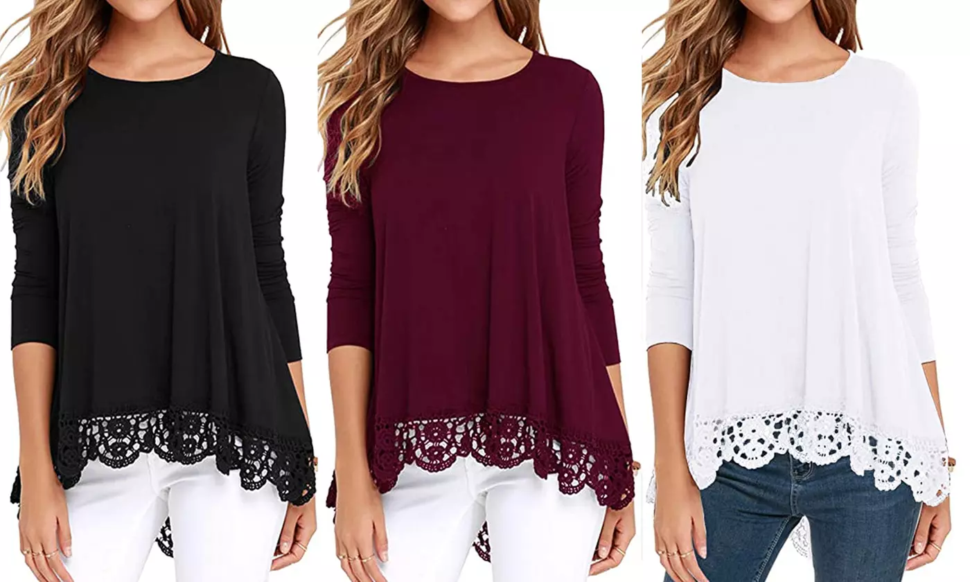 Women's Tops Long Sleeve Lace Trim O-Neck A Line Tunic Blouse - Primary Image