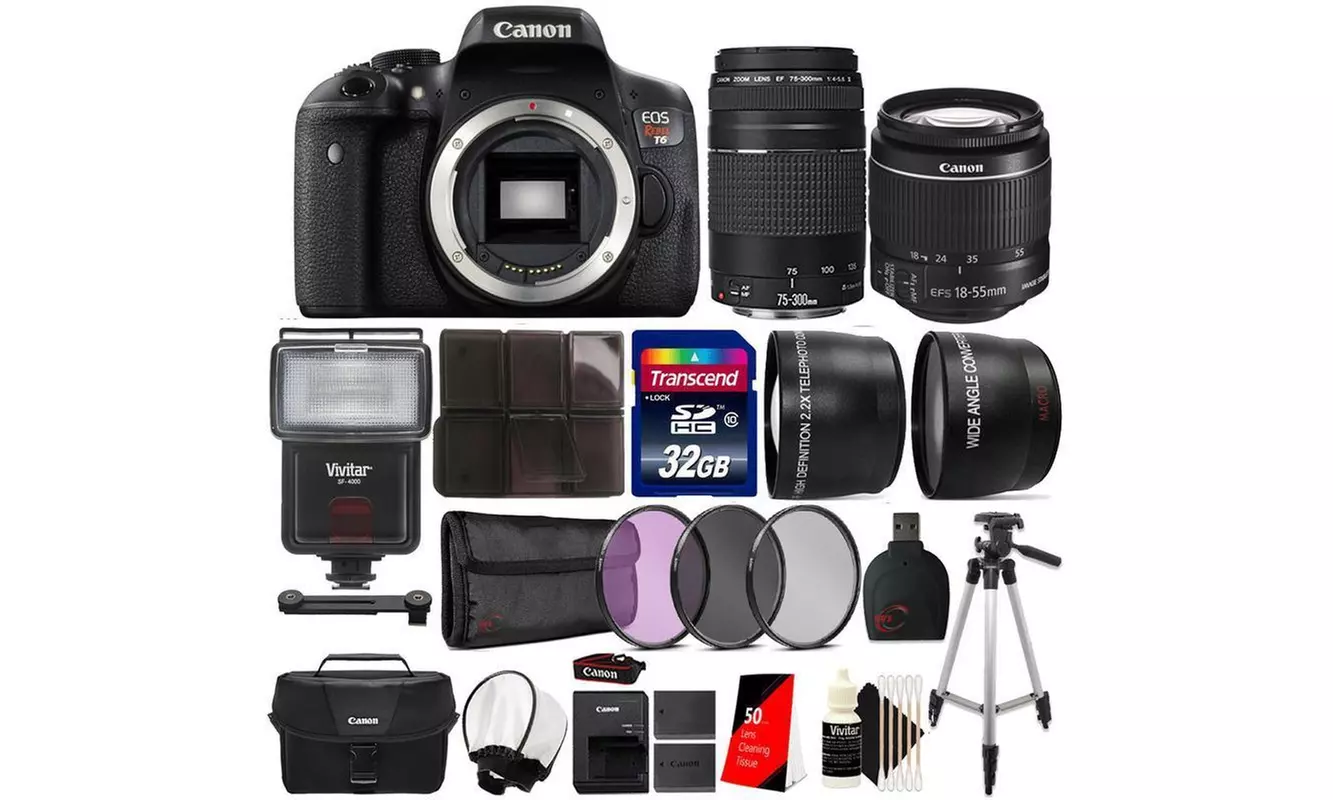 Canon EOS Rebel T6 DSLR Camera 18-55, 75-300 Zoom Lenses and Bundles - Primary Image