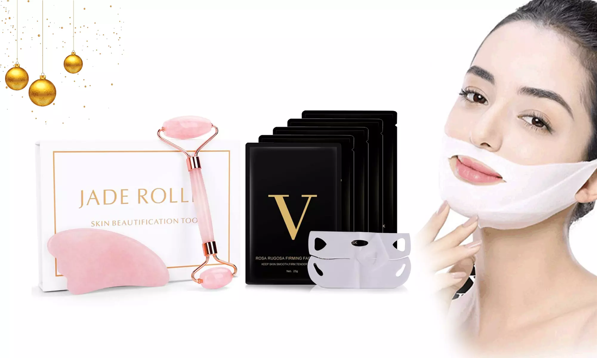 V-Shape Face Lifting Mask Invisible Mask 5Pcs & Jade Roller Gua Sha Scraping Set - Primary Image