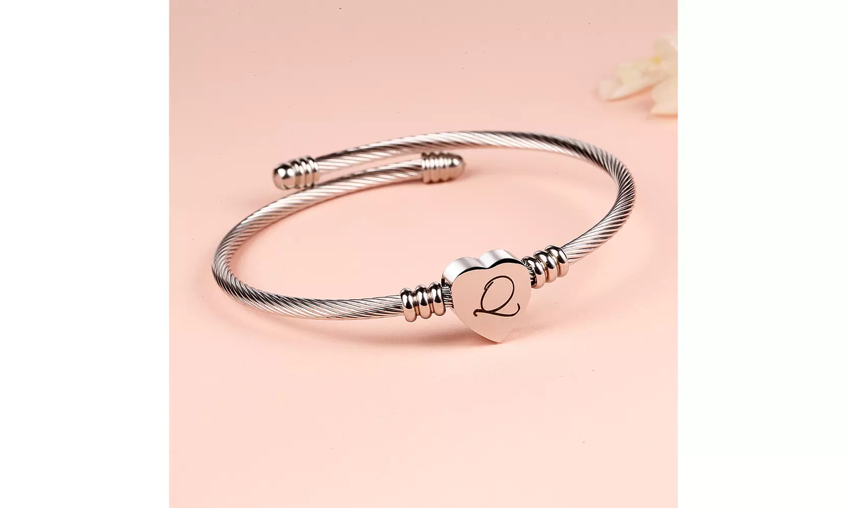 Twisted Steel Heart Cable Initial Bracelet