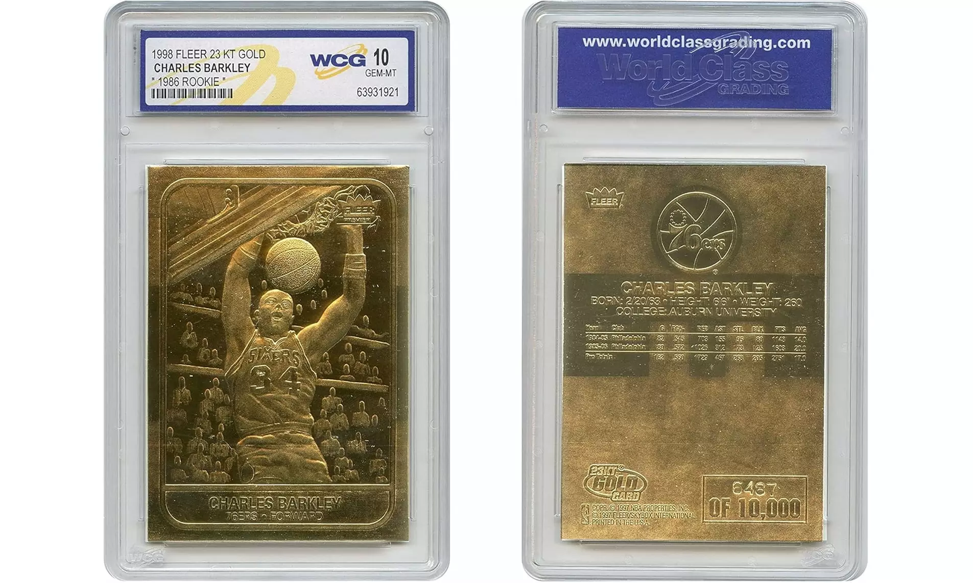Charles Barkley 1998 Fleer Rookie 23KT Gold '86 Design Card Graded GEM Mint 10 - Primary Image