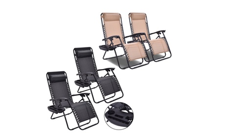 Costway Folding 2PC Zero Gravity Chairs-Beige/Black Patio Lounge Recliner Black