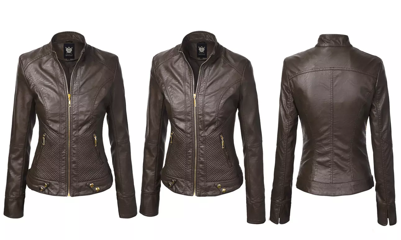 Made By Johnny Womens Faux Leather Zip Up Moto Biker Jacket