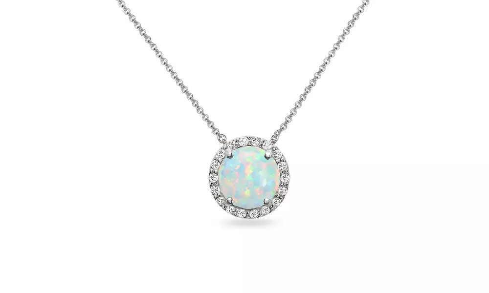 Synthetic White Opal & Topaz Halo Slide Pendant Necklace in Sterling Silver - Primary Image