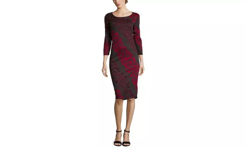 ECI Diagonal Floral Scroll Knit Jacquard Sheath Dress - Primary Image