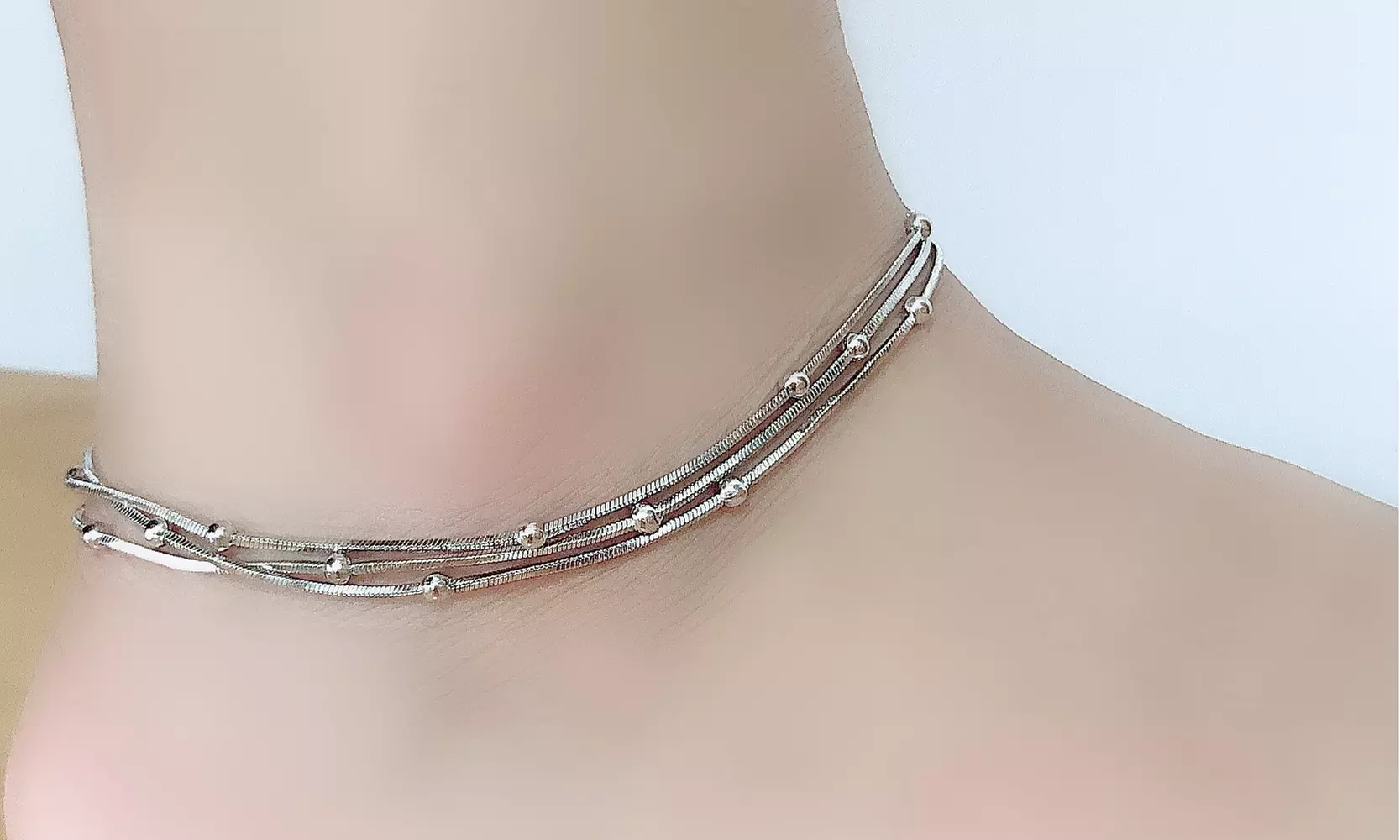 Silver Plated Ball Bead Three Row Anklet - Primary Image
