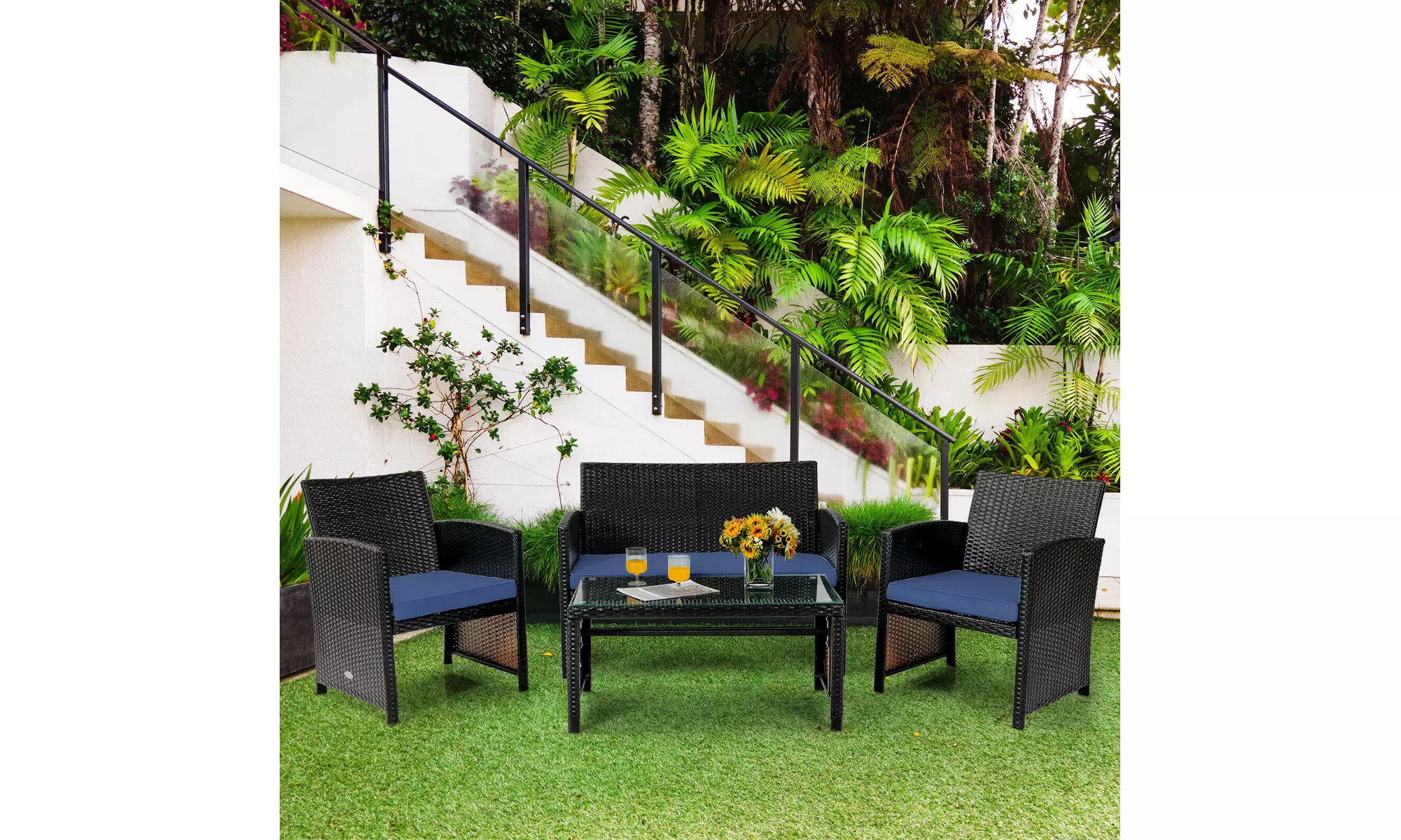 Costway 4PCS Patio Rattan Furniture Set Cushioned Chair Sofa Coffee Table Navy