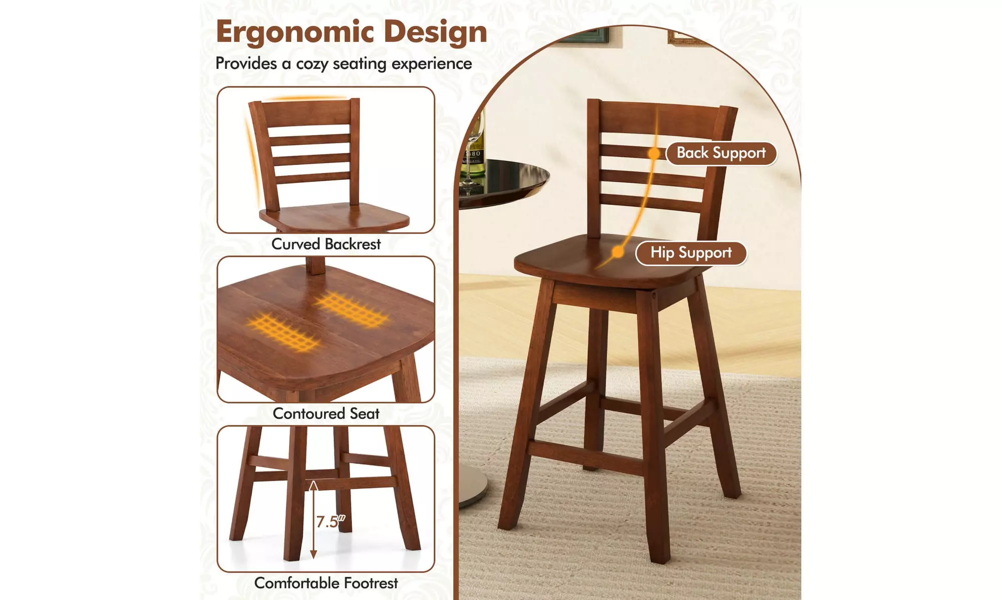 Costway 24.5" Counter Height Bar Chairs Swivel Bar Stools with Hollow Backrest