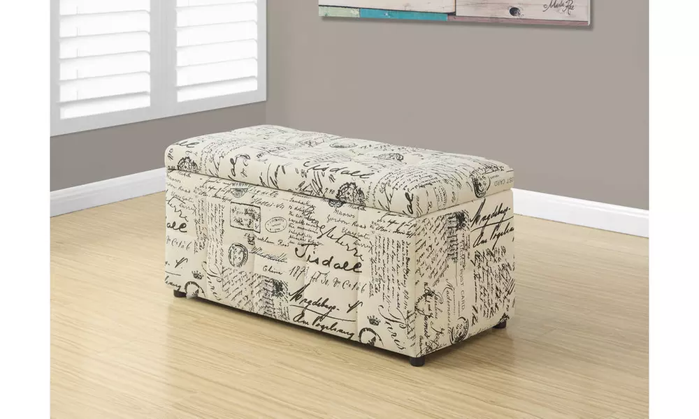 Vintage Script-Fabric Storage Ottoman - Primary Image