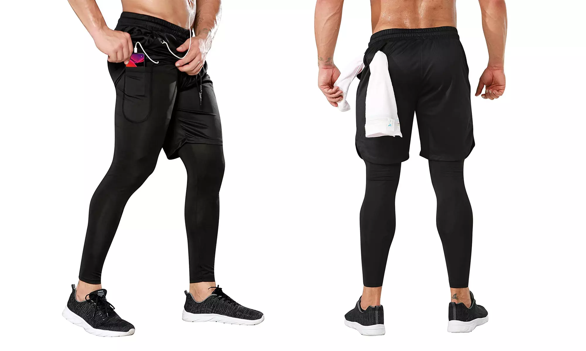 Mens 2 in 1 Running Pants Workout Gym Shorts Sweatpants with Zipper Pockets - Primary Image