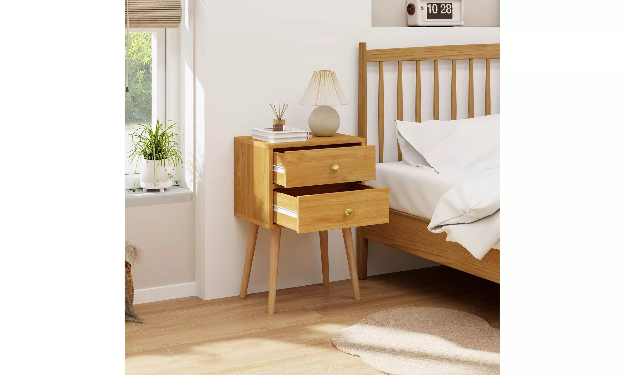 Mid Century Modern 2 Drawers Nightstand Natural Sofa Side End Table 