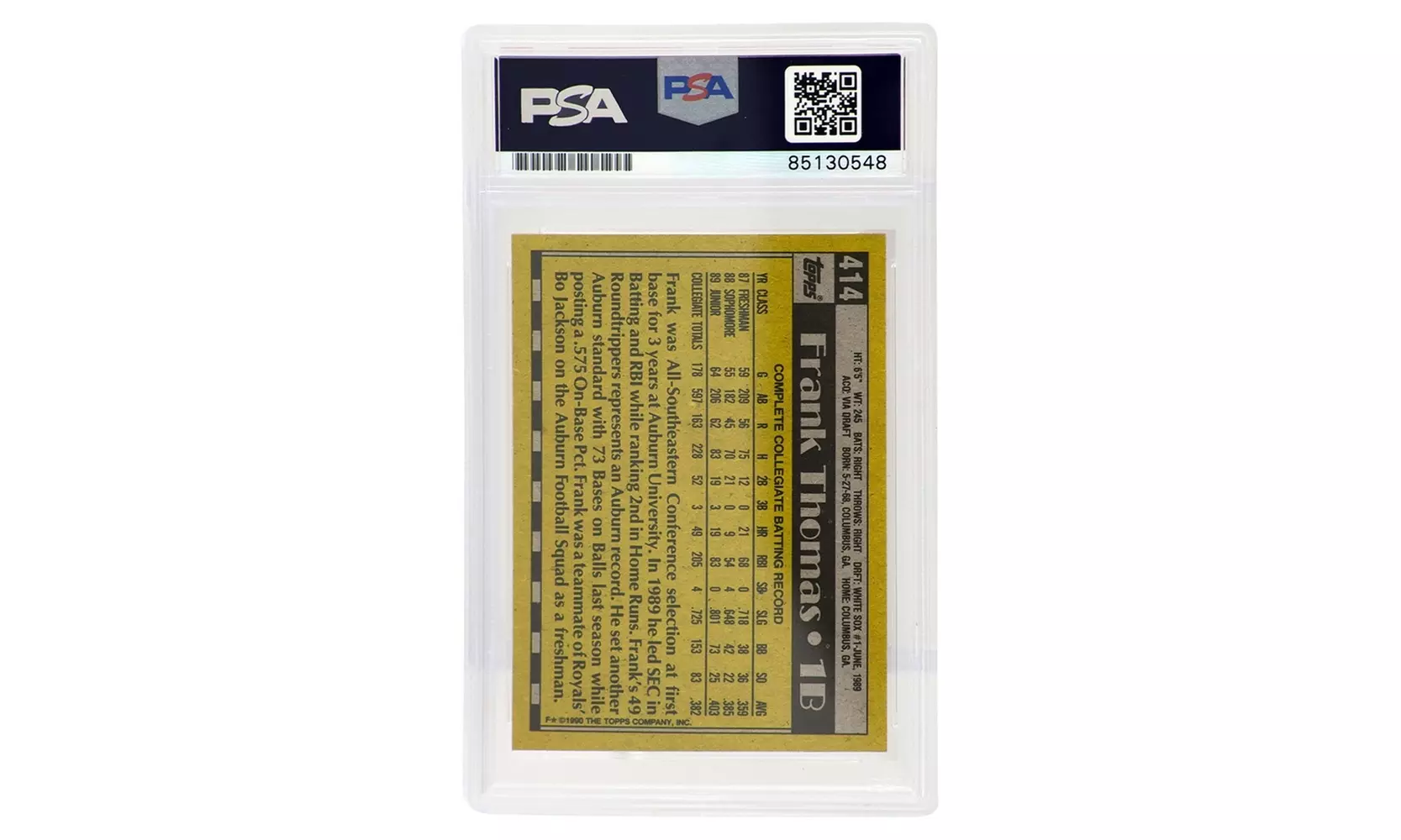 Frank Thomas Signed White Sox 1990 Topps Rookie Baseball Card #414 - (PSA) - Second Medium