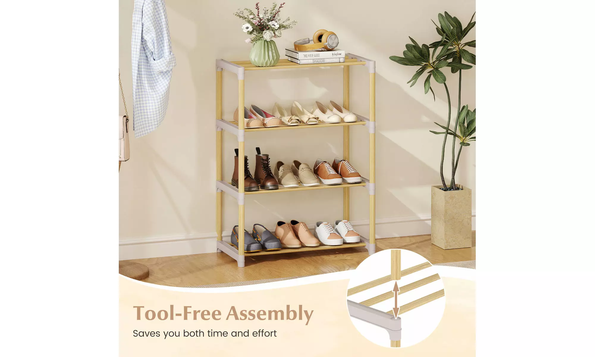 Costway Solid Wood Shoe Shelf Stand with Slatted Open Shelves for Entryway