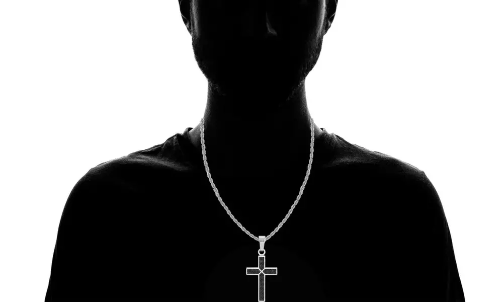 Men's Stainless Steel Black Carbon Fiber Cross Pendant - Second Medium