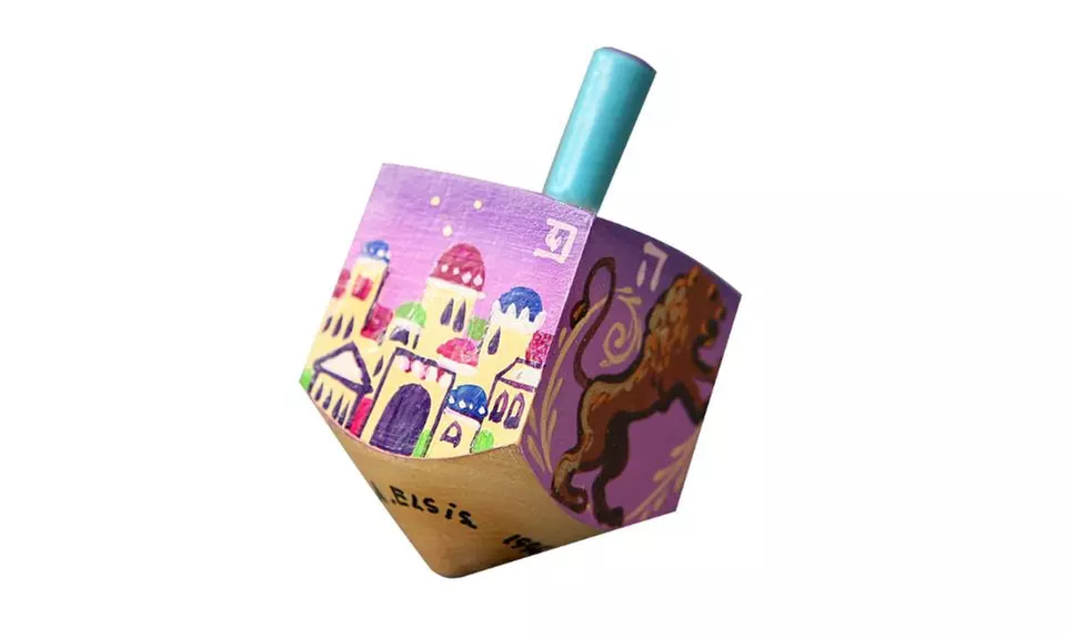 Collectors Colorful Wood Dreidel, Jerusalem Skyline Lion ISRAEL By A. ELSIS - Primary Image