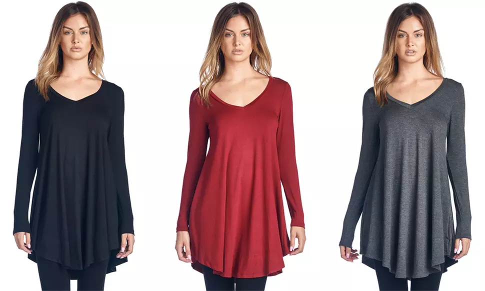 Popana Long Sleeve V-neck Tunic Top Made In USA S-3X - Primary Image