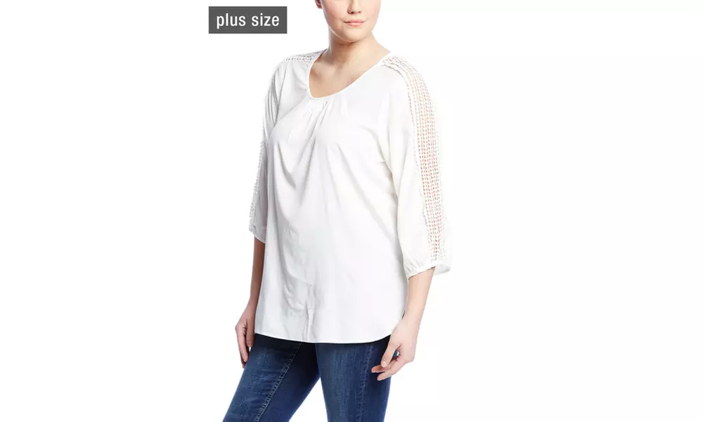 ANTILIA FEMME Three-Quarter Sleeve Solid Blouse with Lace Detail - Primary Image