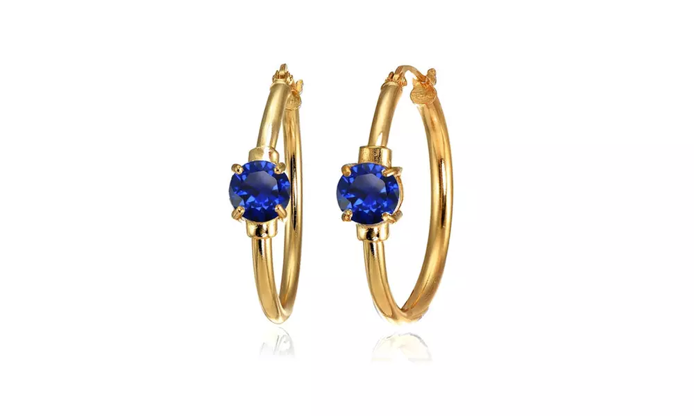 Rose Gold Flashed 925 Silver Created Blue Sapphire Solitaire 25mm Hoop Earrings