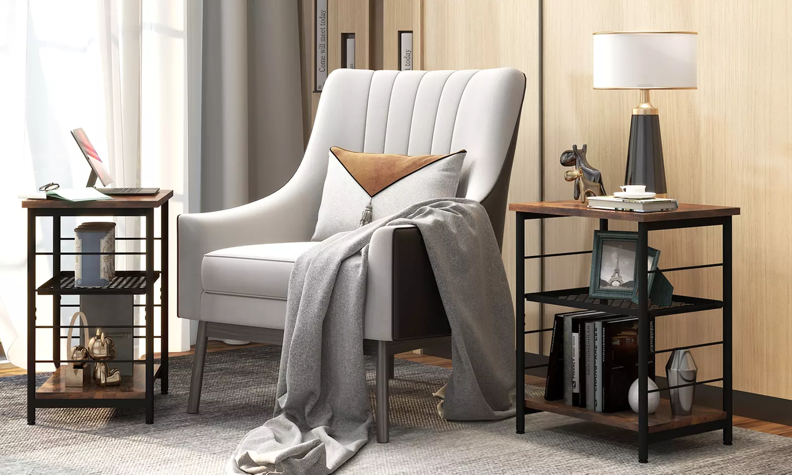 Costway 2 PCS 3-Tier Side End Table with Adjustable Mesh Shelf Narrow Nightstand - Primary Image
