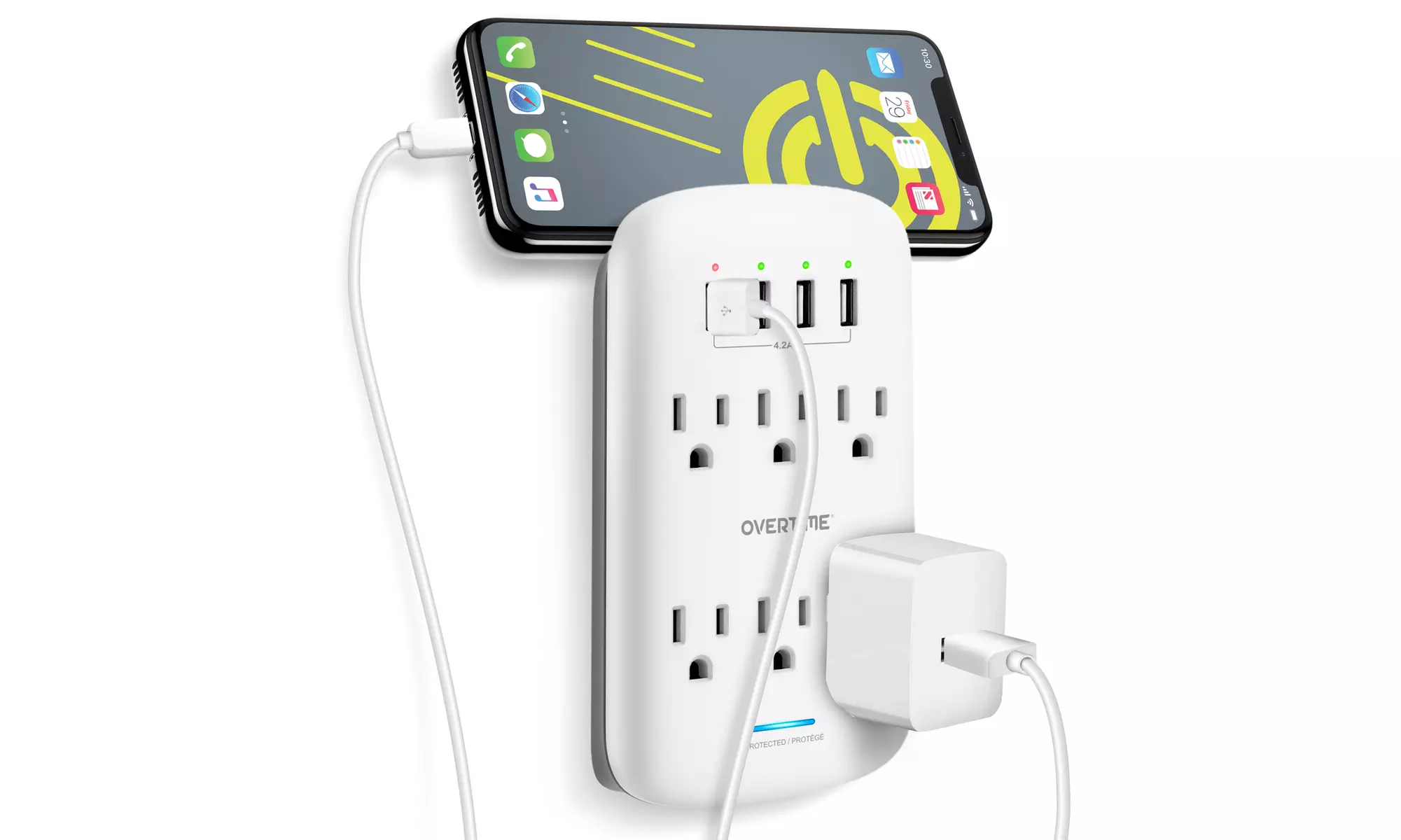 Overtime 6 Outlet Wall Surge Protector with 4 USB & Phone Stand (1, 2, 4 pk) - Primary Image