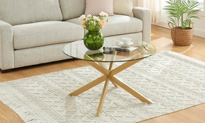 35.4'' W Round Glass Top Tempered Glass Coffee Table With Metal Legs