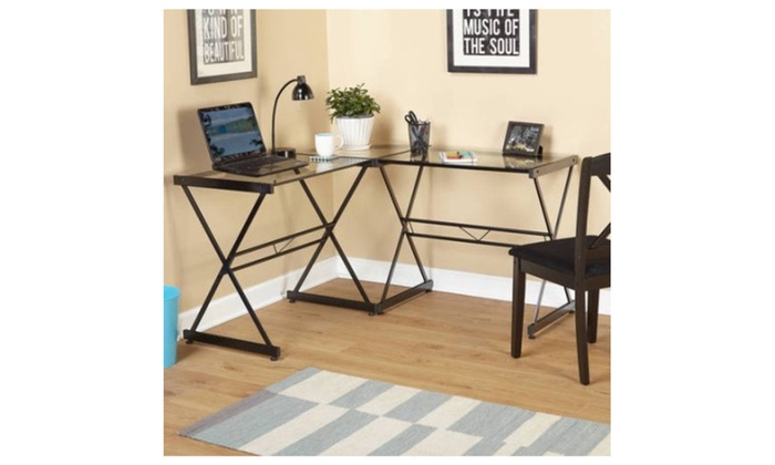 Atrium Metal And Glass L Shaped Computer Desk Multiple Colors Glass L Shaped Computer Desk