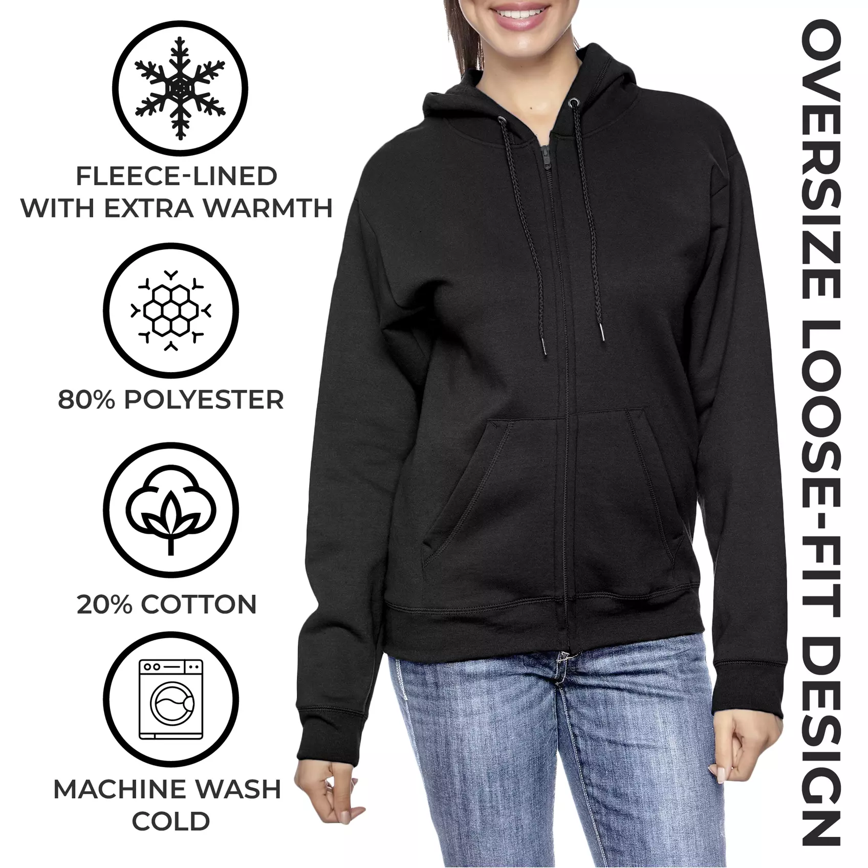 Women's Oversize Loose Fit Fleece-Lined Zip Hoodie Sweater