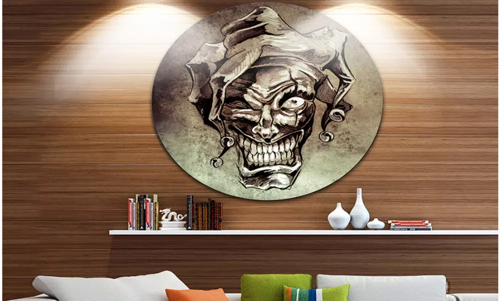 Fantasy Clown Joker Tattoo Sketch' Large Contemporary Circle Metal Wall Arts - Primary Image