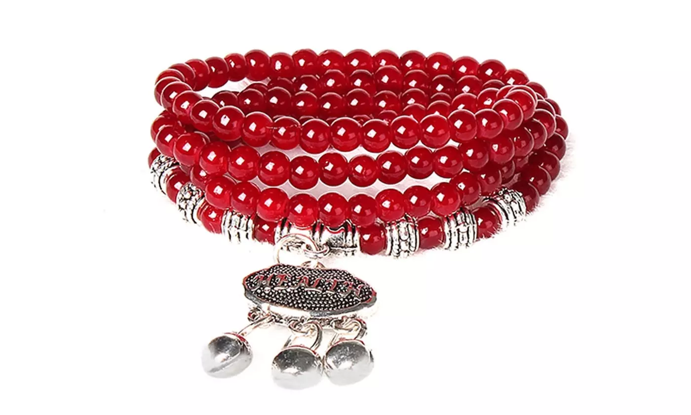 Retro Deep Red Agate Beaded Good Luck Bracelet - Primary Image