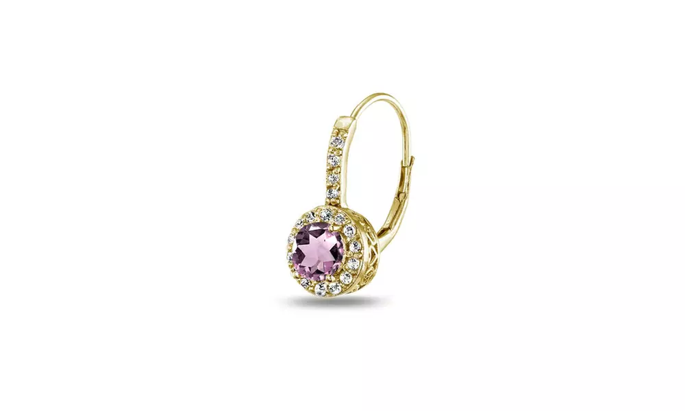 Yellow Gold Flash Silver Simulated Alexandrite & White Topaz Leverback Earrings
