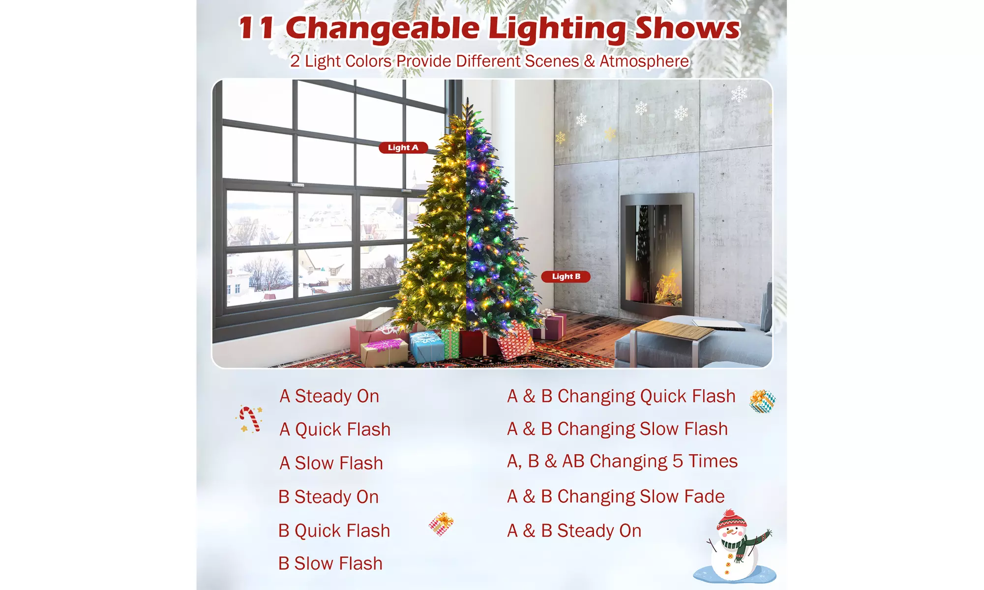 7ft Pre-Lit Snowy Christmas Hinged Tree 11 Flash Modes w/ 450 Multi-Color Lights