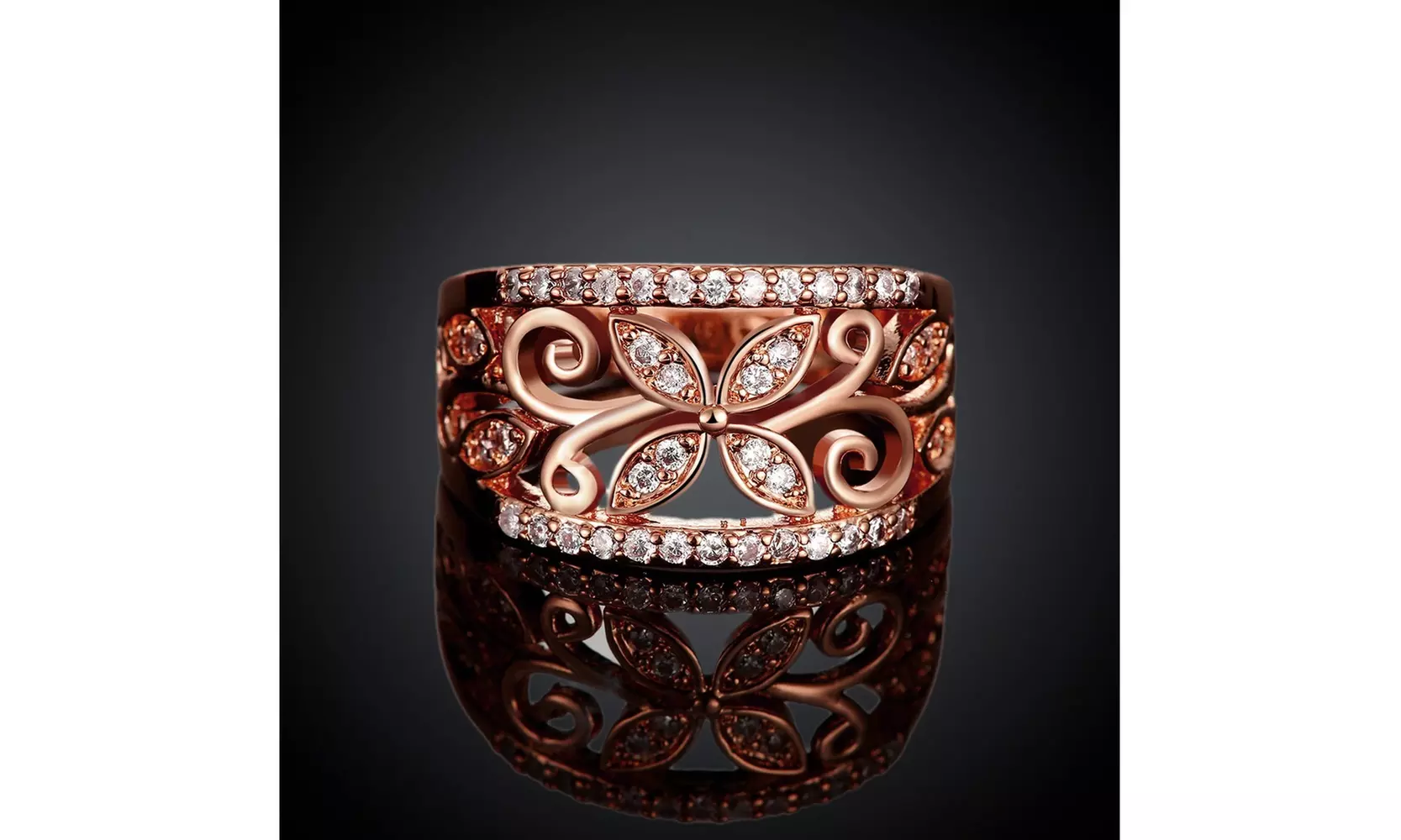18K Rose Gold Plated Flower Filigree Ring - Primary Image