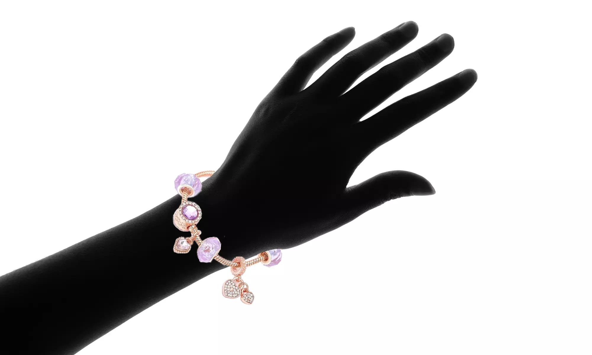 18K Rose Gold Amethyst Crystal Heart Charm Bracelet With Crystals From Swarovski