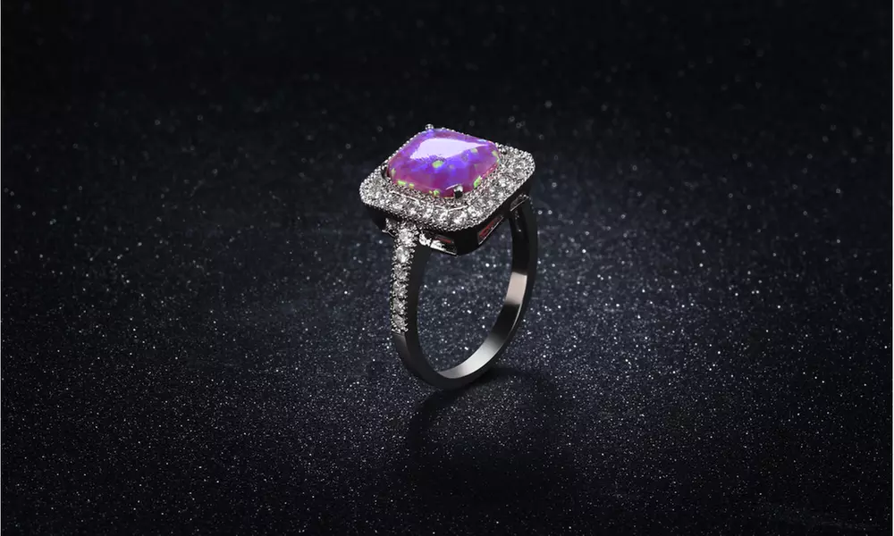 Square Cut Pink Fire Opal Halo Ring in 18k White Gold