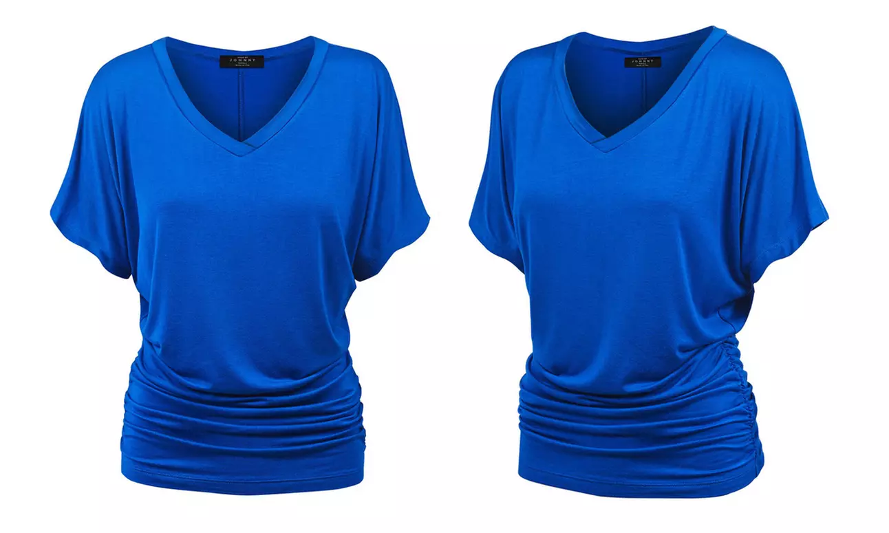 Made by Johnny Womens Solid Short Sleeve V-Neck Dolman Top with Side Shirring