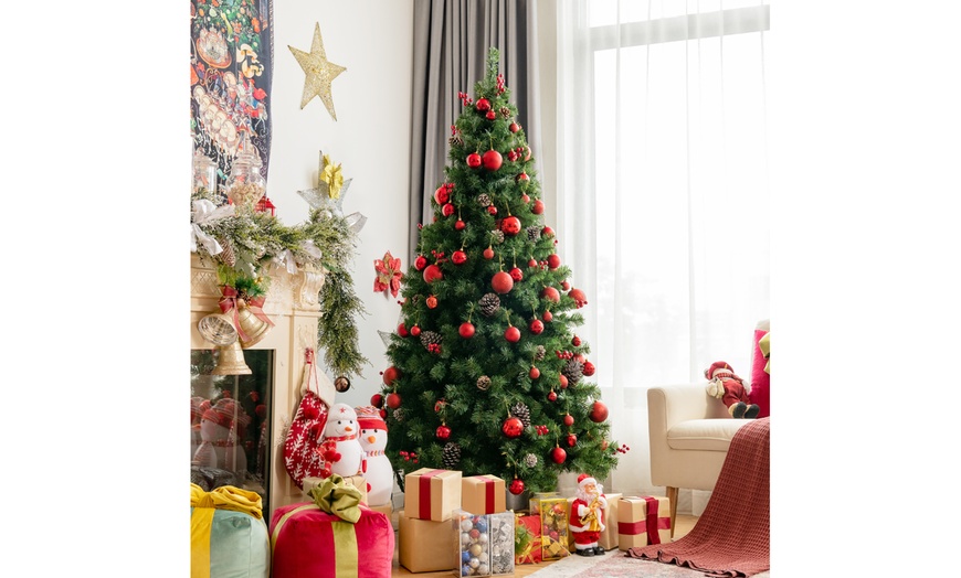 Costway 6ft Pre-lit Hinged Christmas Tree W/ Pine Cones Red Berries ...