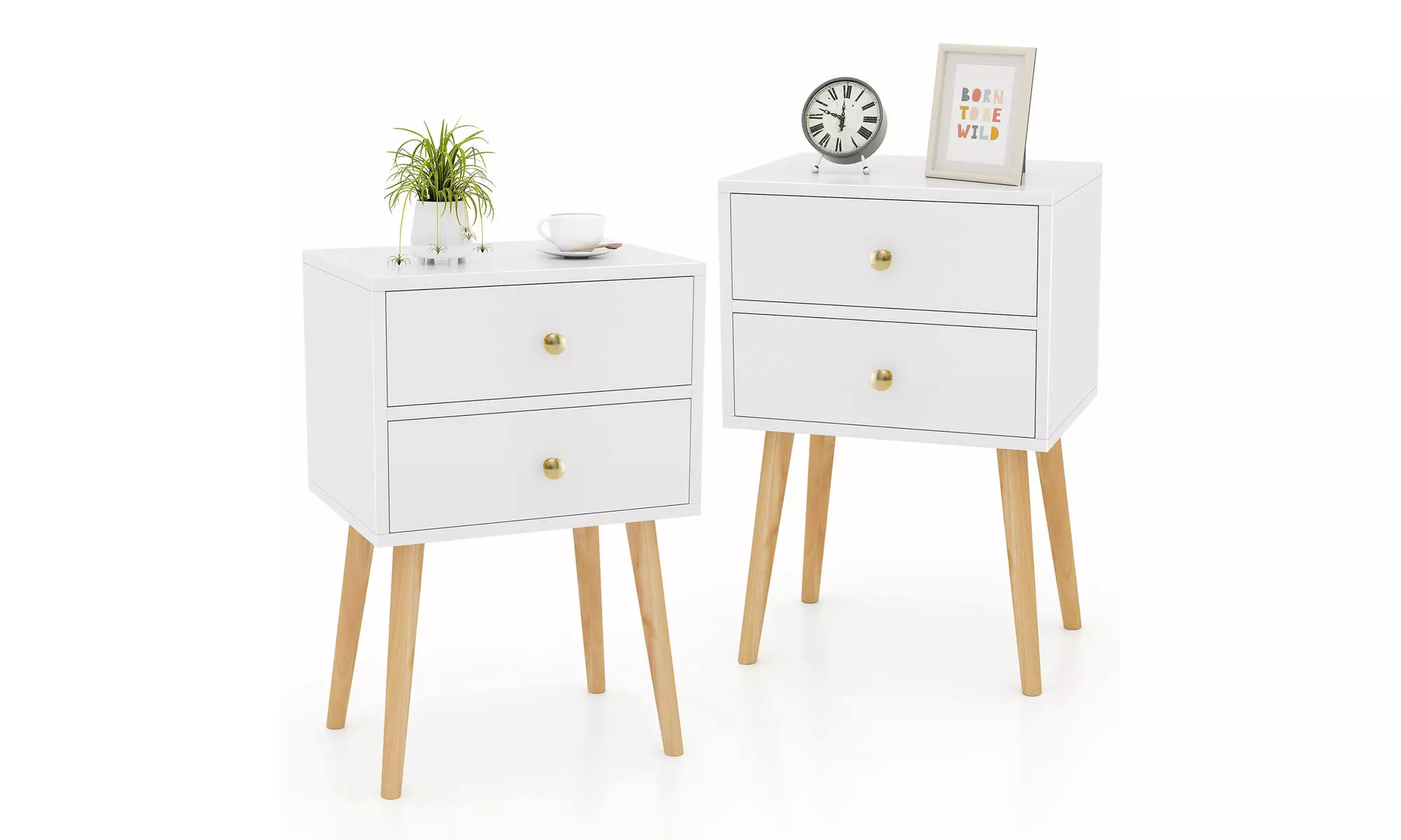 2PC Mid Century Modern 2 Drawers Nightstand In White Sofa Side Table End Table