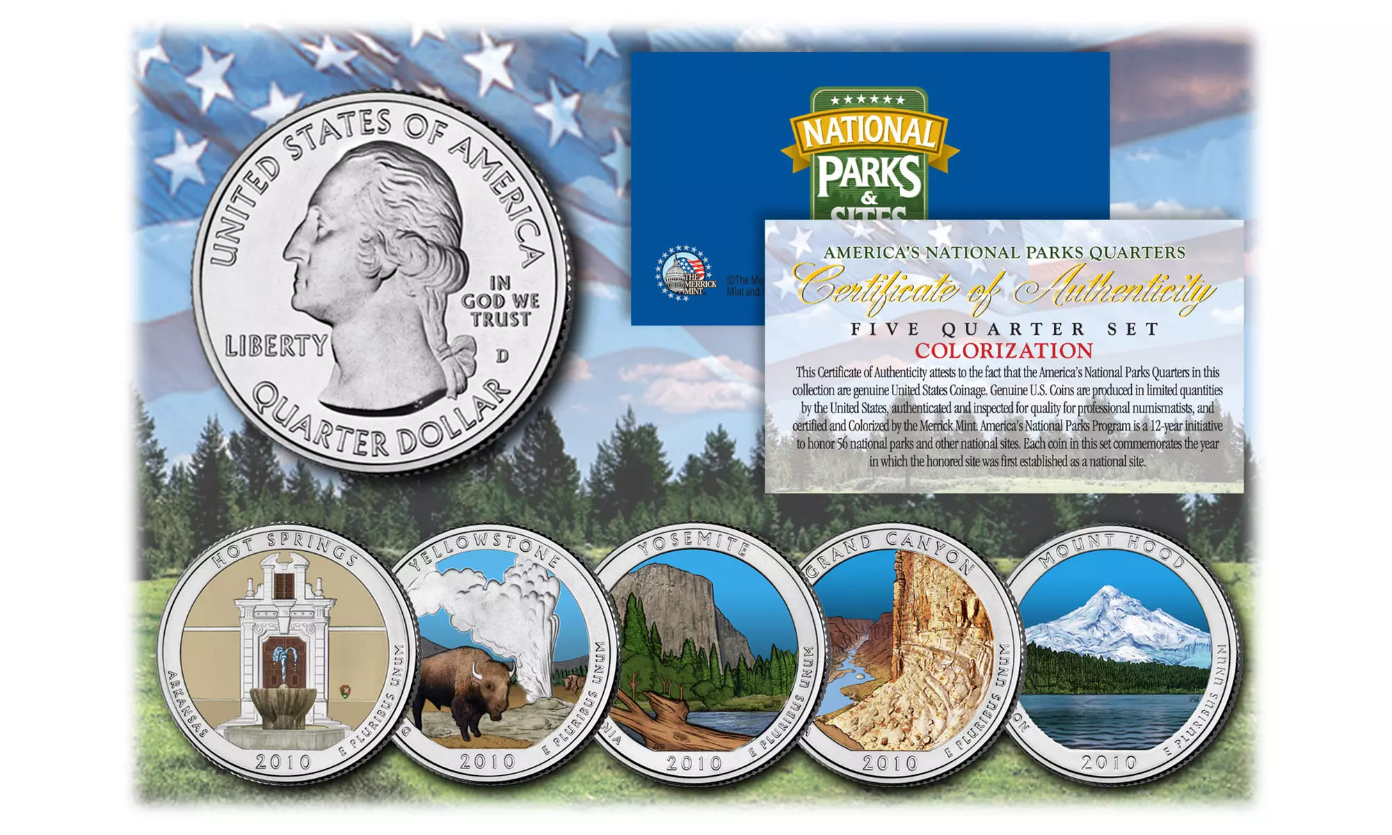 America the Beautiful Parks COLORIZED Quarters 5-Coin Set w/Capsules-Choose Year - Primary Image