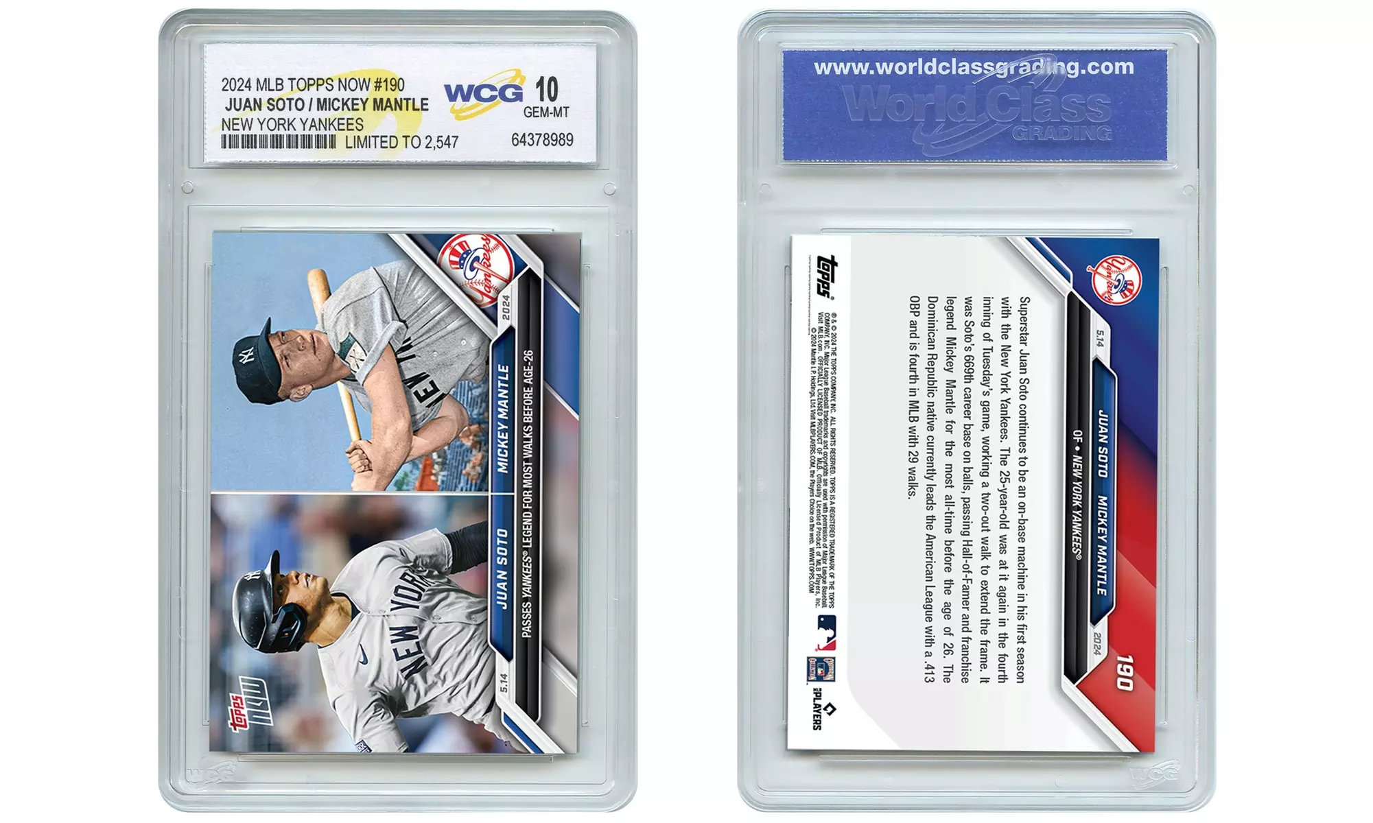 2024 Topps Now Juan Soto / Mickey Mantle NY Yankees Card #190 - Graded GM 10