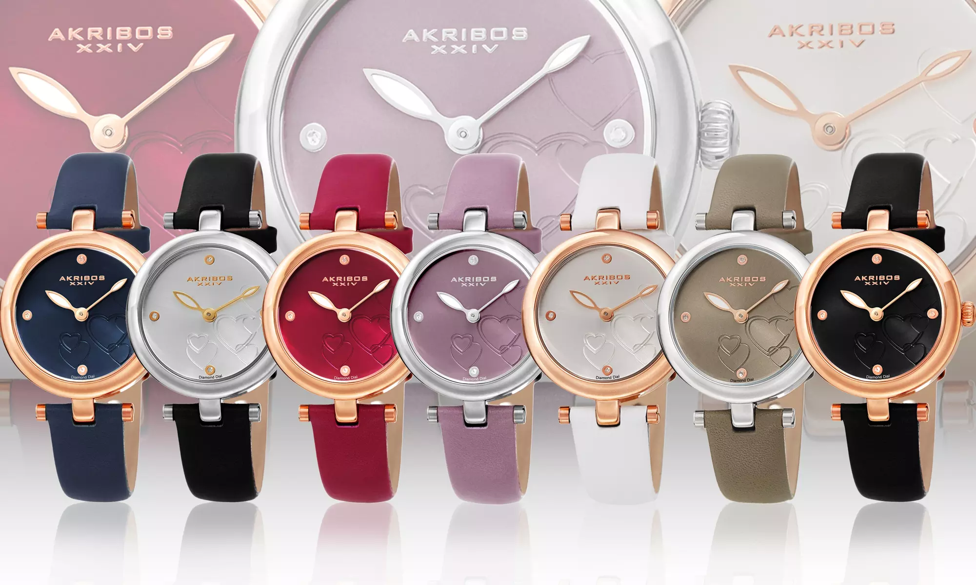 Women's Akribos XXIV AK1044 Heart Embossed Diamond Marker Leather Strap Watch - Primary Image