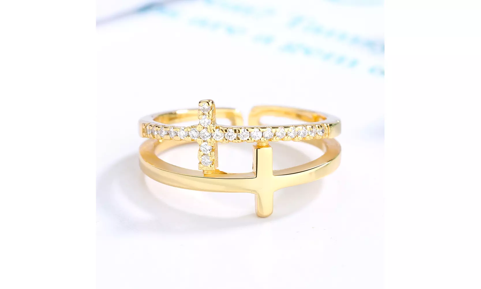 18k Gold Sideway Cross Ring with crystals from Swarovski