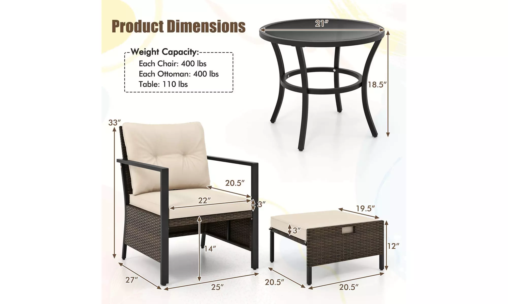 Costway 5 PCS Outdoor Furniture Set Rattan Chairs & Ottomans with Coffee Table