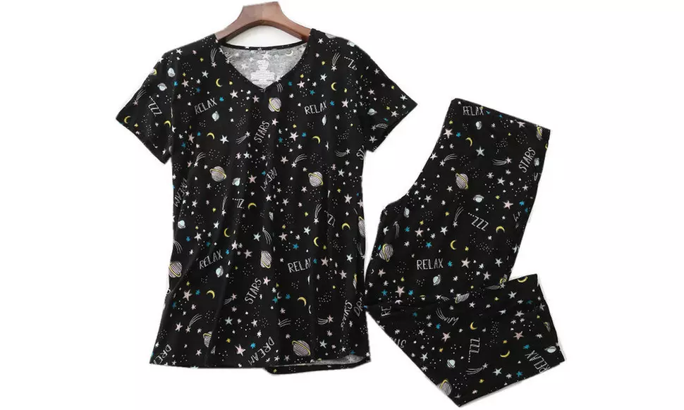 Women Summer Fun Prints Pajama Set Tops Capri Pants Casual Sleepwear