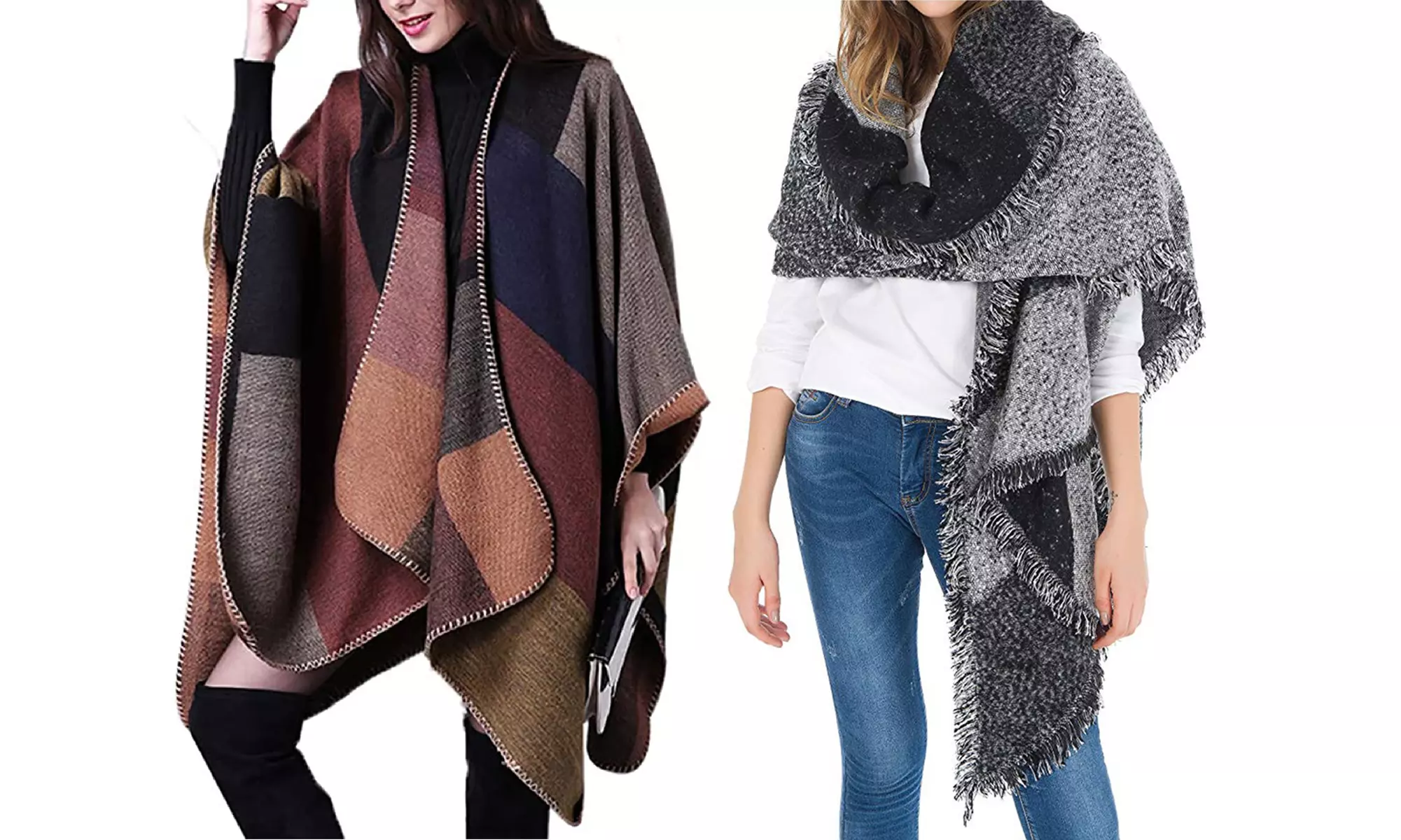 Women Scarves Color Block Shawl Wrap Open Front Poncho Cape Cashmere Scarf Shawl - Primary Image