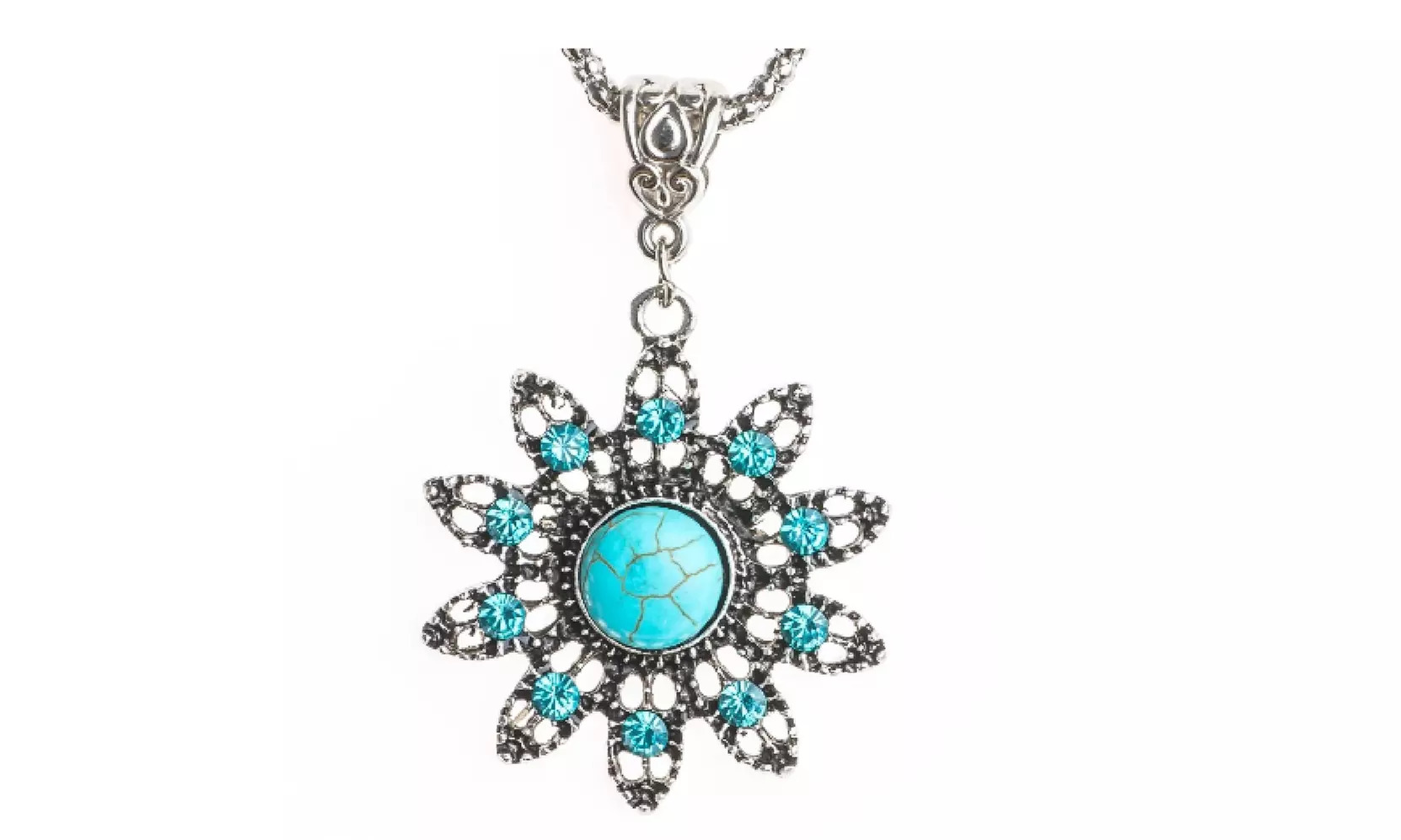 Antique Silver Vintage Hollow Flower Pendant Necklace - Primary Image