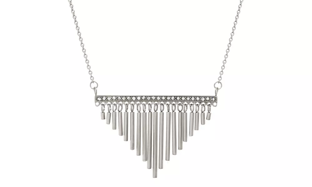 Silver-Tone Stainless Steel CZ Bar Pendant Dangling Bar Fringe Necklace - Second Medium