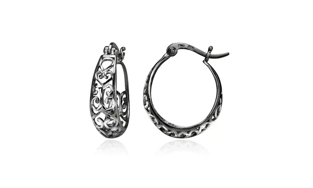 Black Flashed 925 Silver Two-Tone Diamond-cut Filigree Swirl Small Hoop Earrings