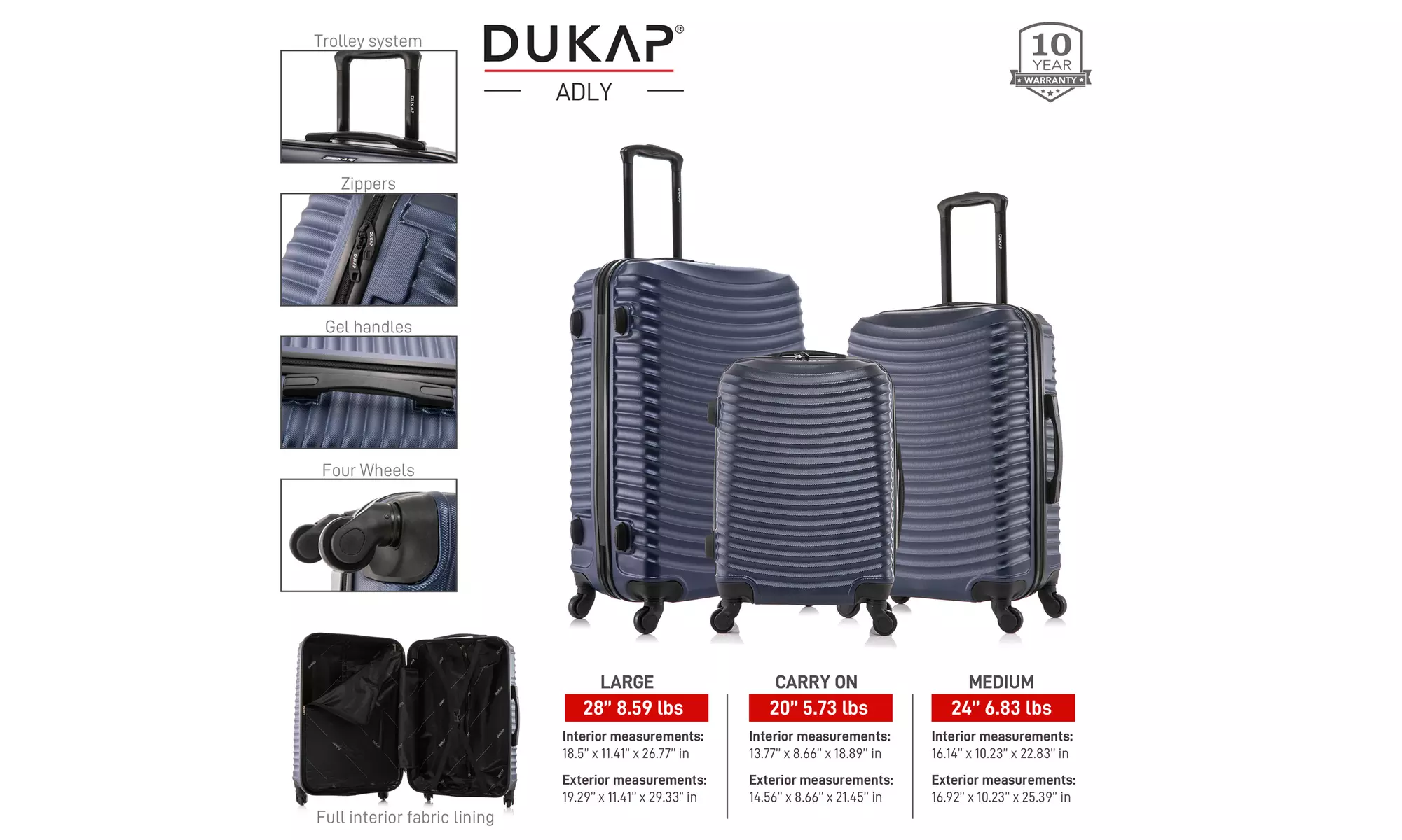 DUKAP Adly Lightweight Hardside Spinner 3 Piece Luggage Set 20"/24"/28"