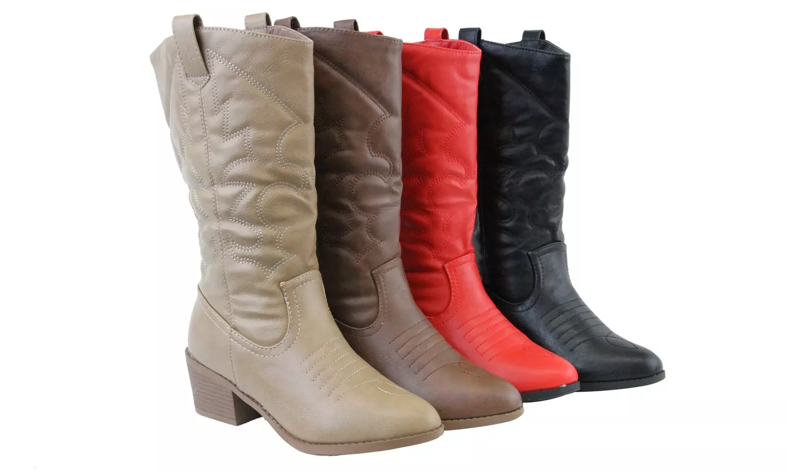 Women Western Cowboys Mid Calf Boot Cuban Mid Heels Pointed Toe Stitching Detail - Primary Image
